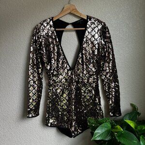 Lac Bleu Gold Sequin Plunge Cutout Back Long Sleeve Romper